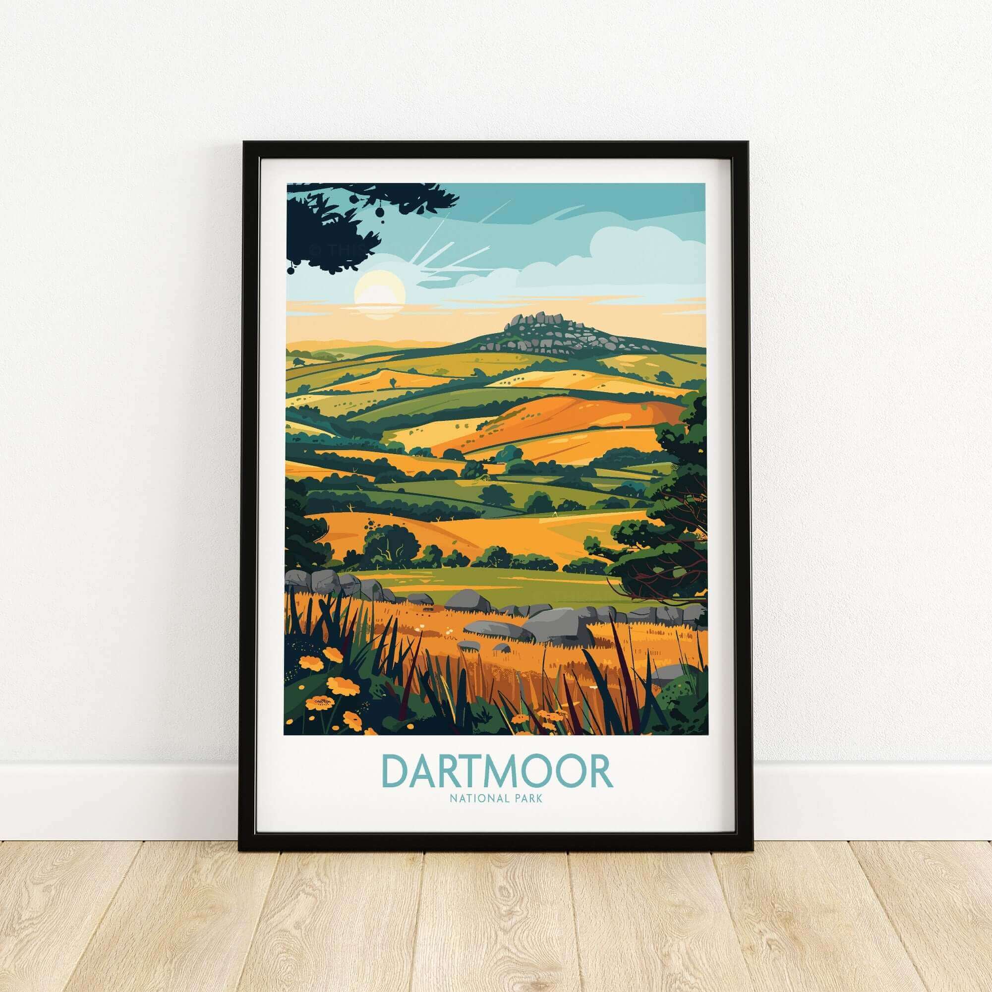 Dartmoor Wall Art featuring a vibrant landscape of Dartmoor National Park with rolling hills and sunny skies.