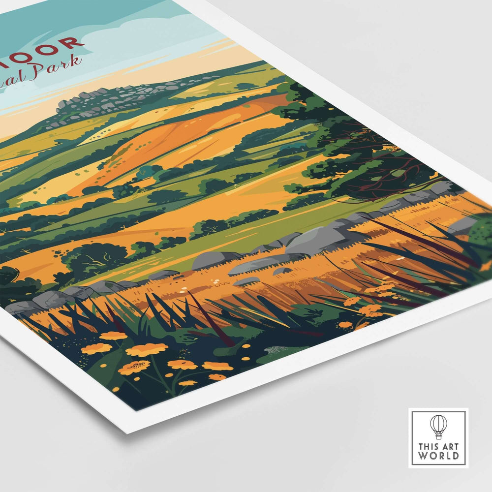 Dartmoor Wall Art featuring vibrant hills and flowers, capturing the beauty of Dartmoor National Park in a colorful design.