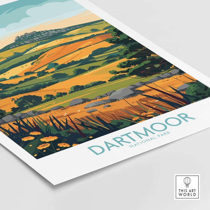 Dartmoor Wall Art showcasing vibrant landscape of Dartmoor National Park with hills and wildflowers.