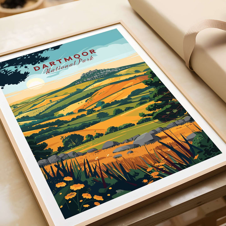 Dartmoor wall art featuring a vibrant landscape of rolling hills and golden fields, perfect for home decor.