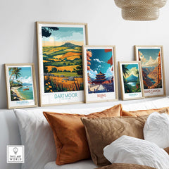 Dartmoor Wall Art displayed among framed artworks of various landscapes including the Philippines, Beijing, and the Grand Canyon.