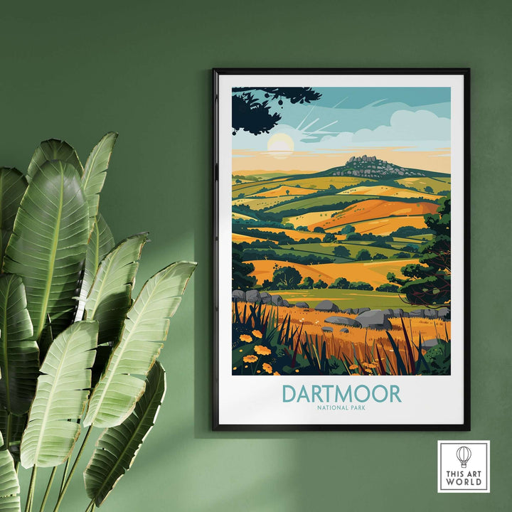 Dartmoor Wall Art featuring a colorful landscape of Dartmoor National Park against a green wall with plants.