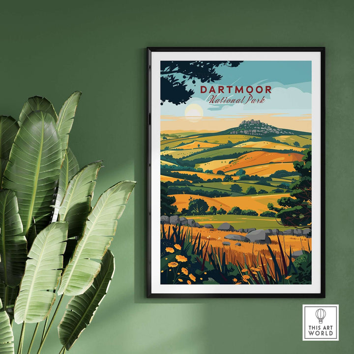 Dartmoor National Park wall art featuring vibrant landscapes and greenery in a stylish frame.