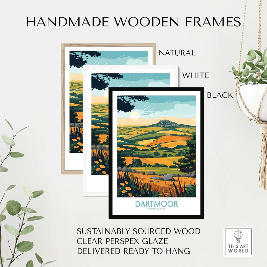 Handmade wooden frames in natural, white, and black, showcasing Dartmoor wall art with sustainably sourced wood.