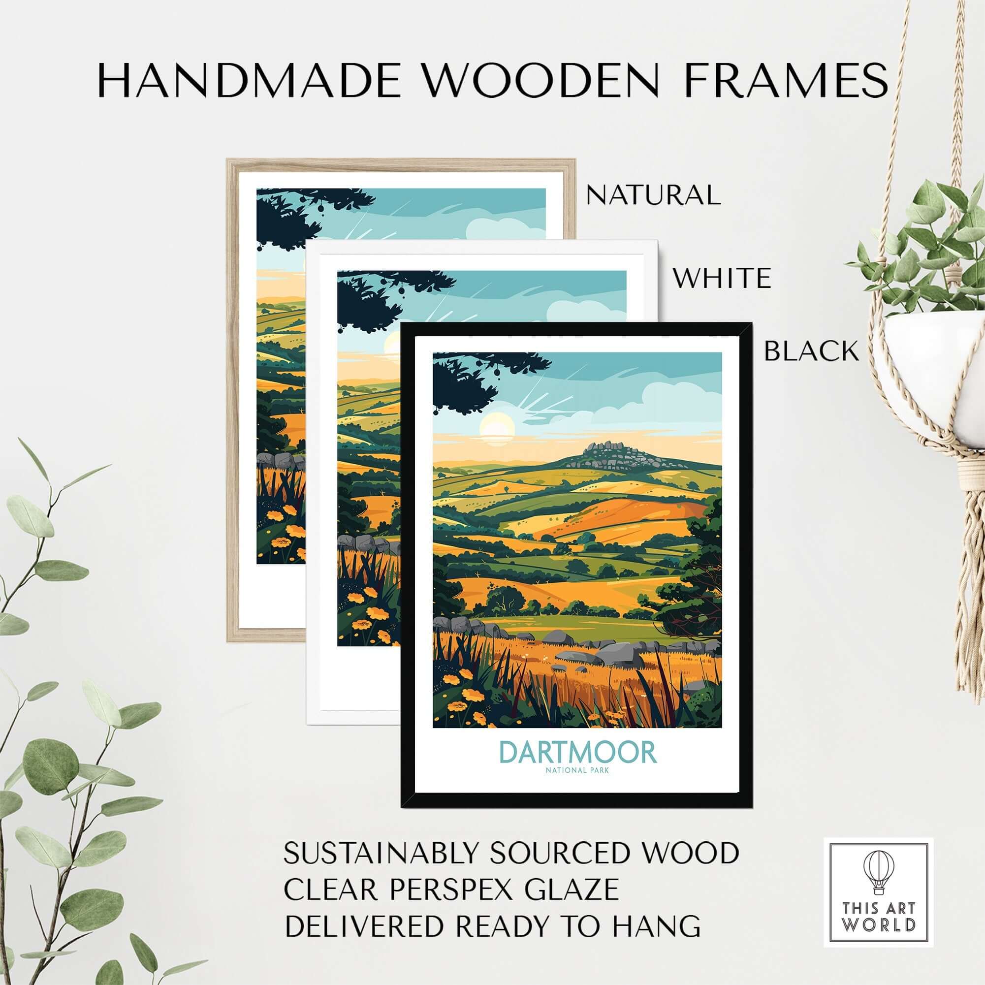 Dartmoor Wall Art displayed in natural, white, and black handmade wooden frames with clear perspex glaze.