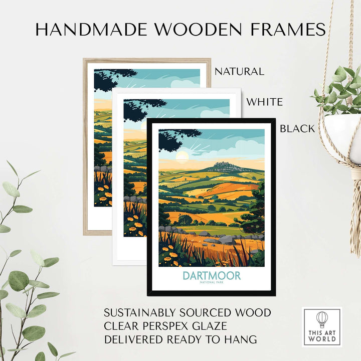 Handmade wooden frames in natural, white, and black, showcasing Dartmoor wall art with sustainably sourced wood.