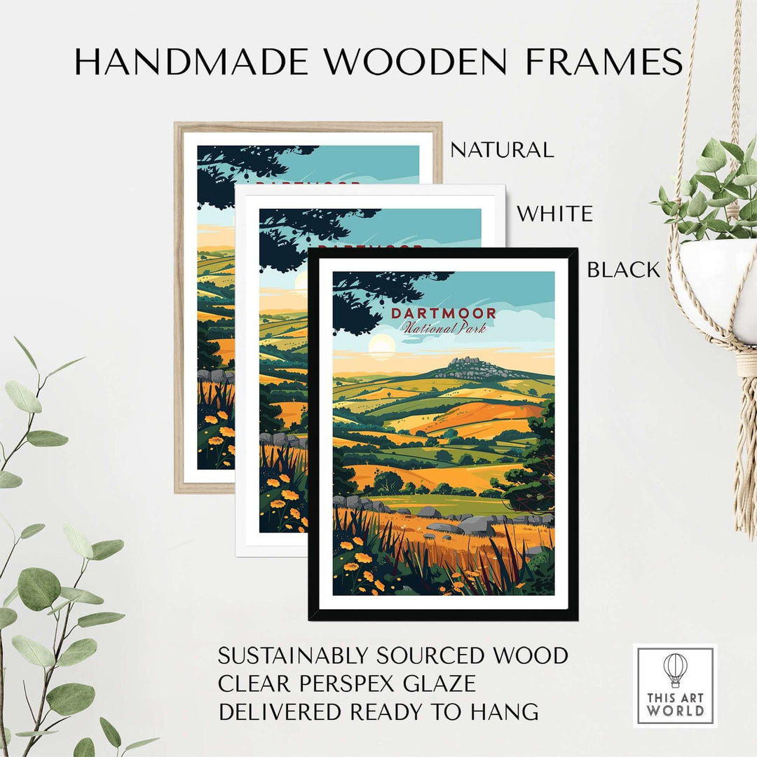 Handmade wooden frames in natural, white, and black showcasing Dartmoor wall art, sustainably sourced and ready to hang.