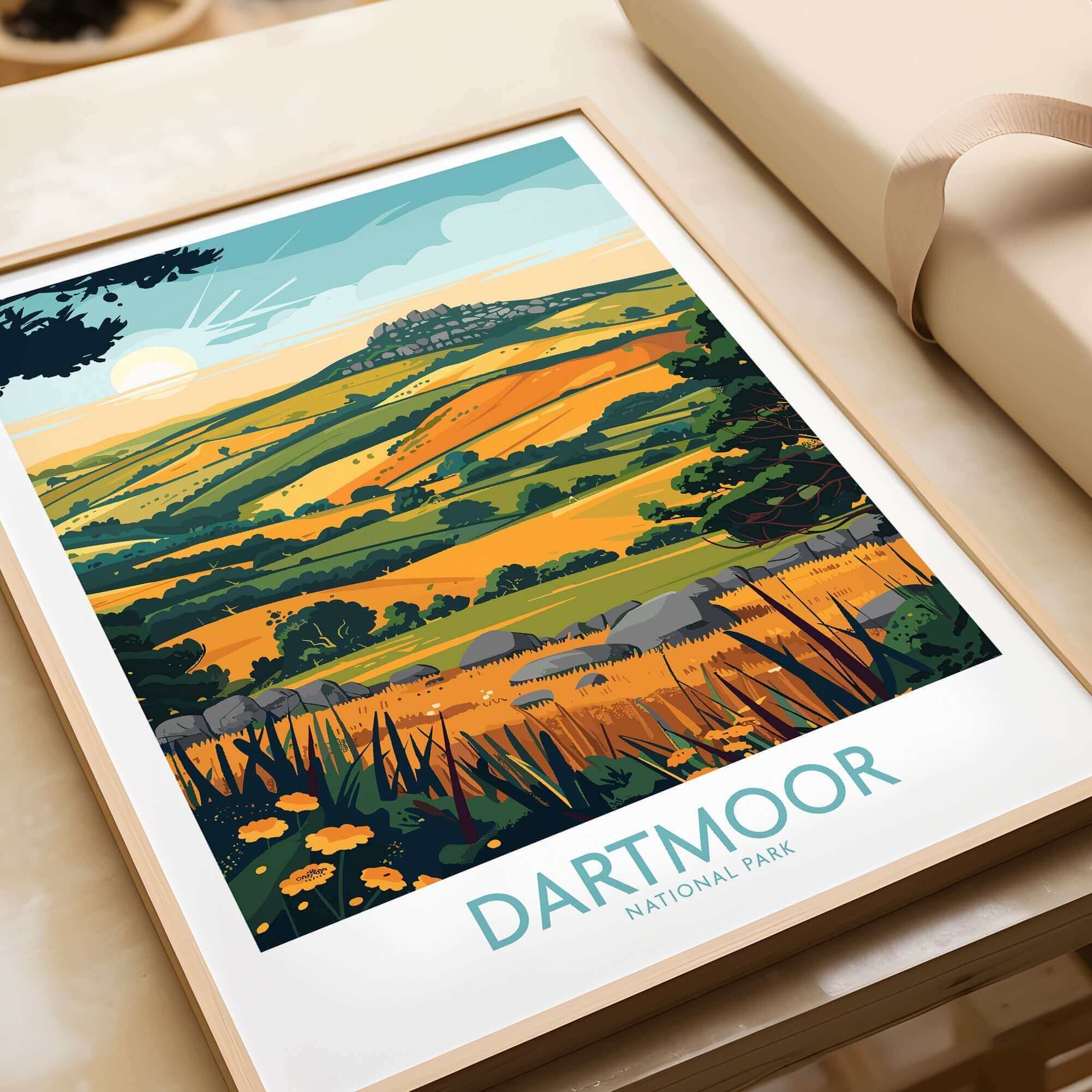 Dartmoor Wall Art featuring vibrant landscapes of Dartmoor National Park with sunlit hills and lush fields.