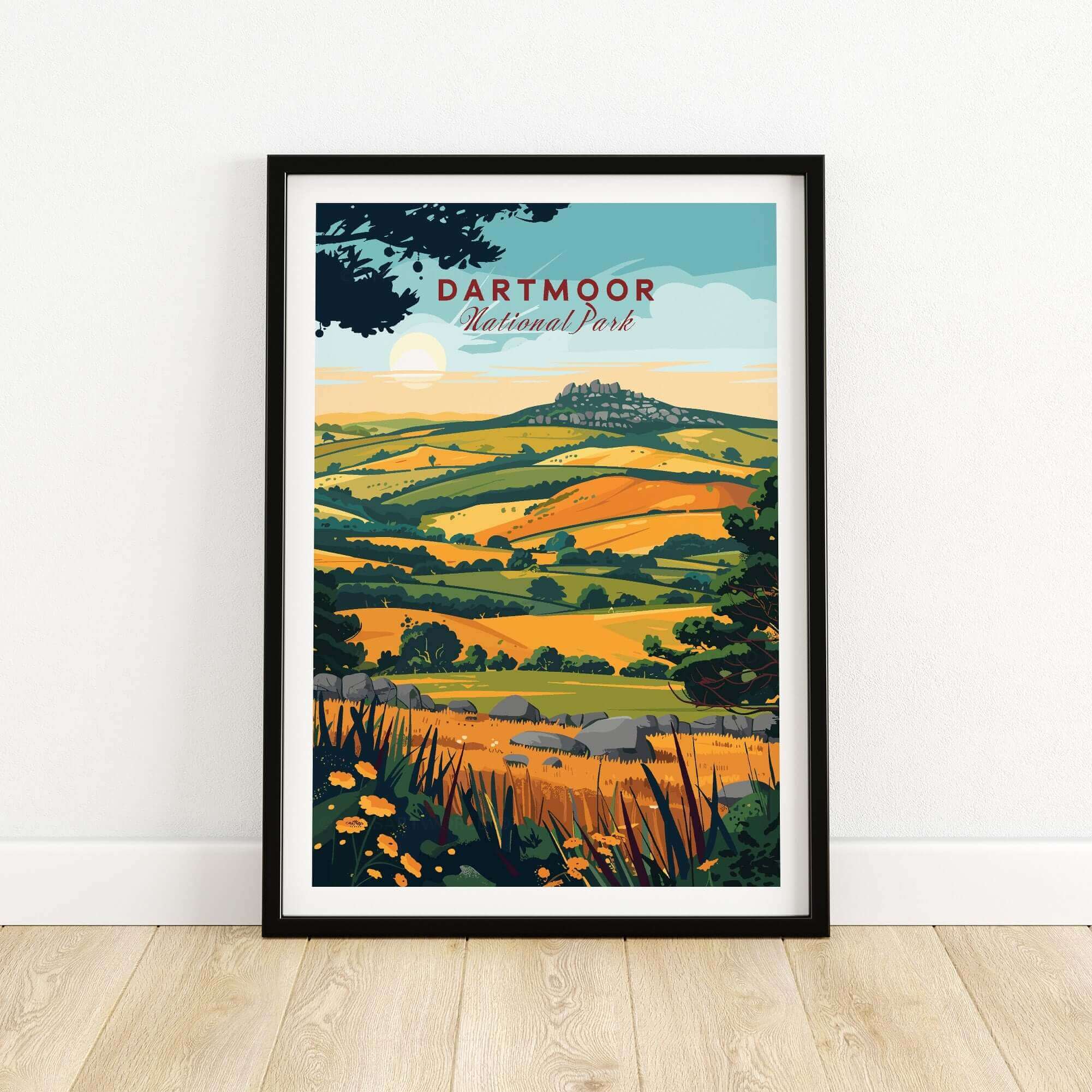 Dartmoor Wall Art Print featuring vibrant landscape of Dartmoor National Park in a stylish frame.