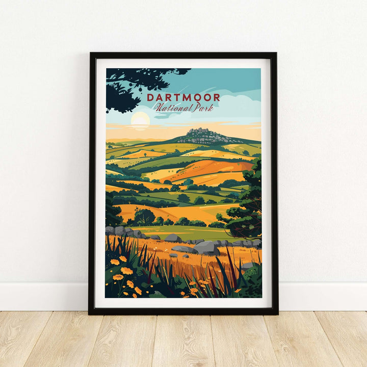 Dartmoor National Park wall art featuring vibrant landscape and fields in a framed print.