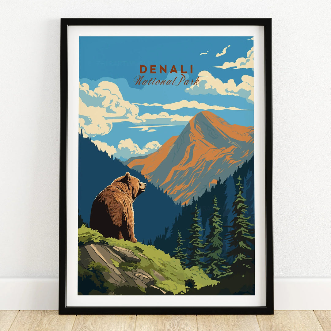 Denali National Park art print with grizzly bear and mountains in black frame on wooden floor