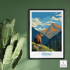 Denali National Park poster featuring a bear, mountains, pine trees, and scenic sky wall art