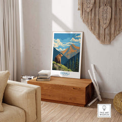 Denali National Park travel poster with bear, mountains, and forest in cozy living room