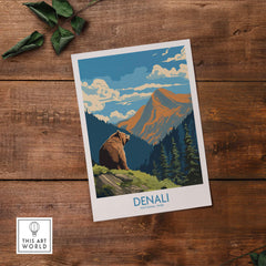 Denali National Park travel poster with bear, mountain scenery, and pine trees on wood background