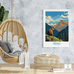 Denali National Park poster featuring a bear and mountain landscape in modern wall art decor