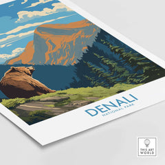 Denali National Park poster with a bear, pine trees, and a mountain landscape illustration.