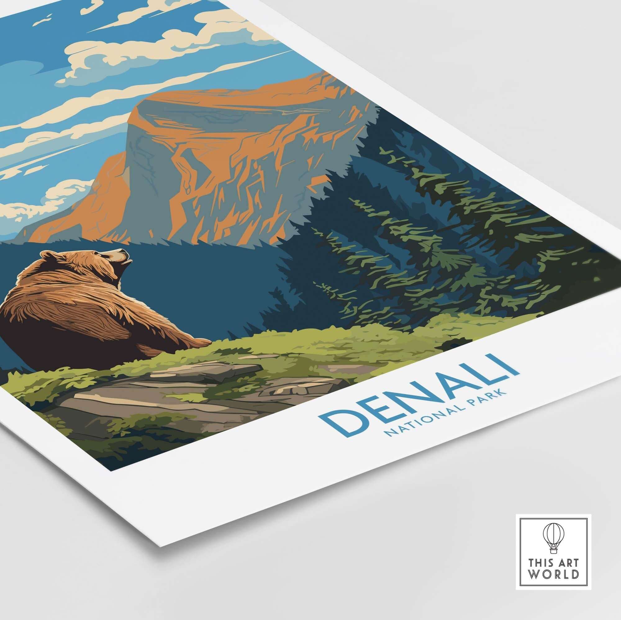 Denali National Park poster with a bear, pine trees, and a mountain landscape illustration.