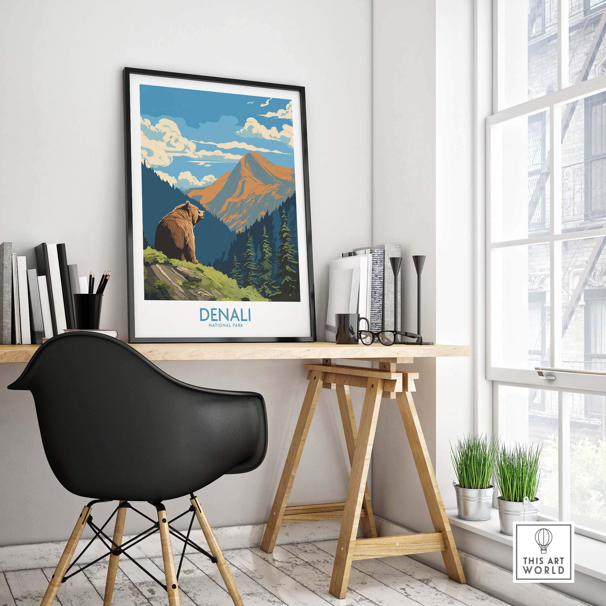 Denali National Park poster with mountain, bear, and pine trees in modern home office