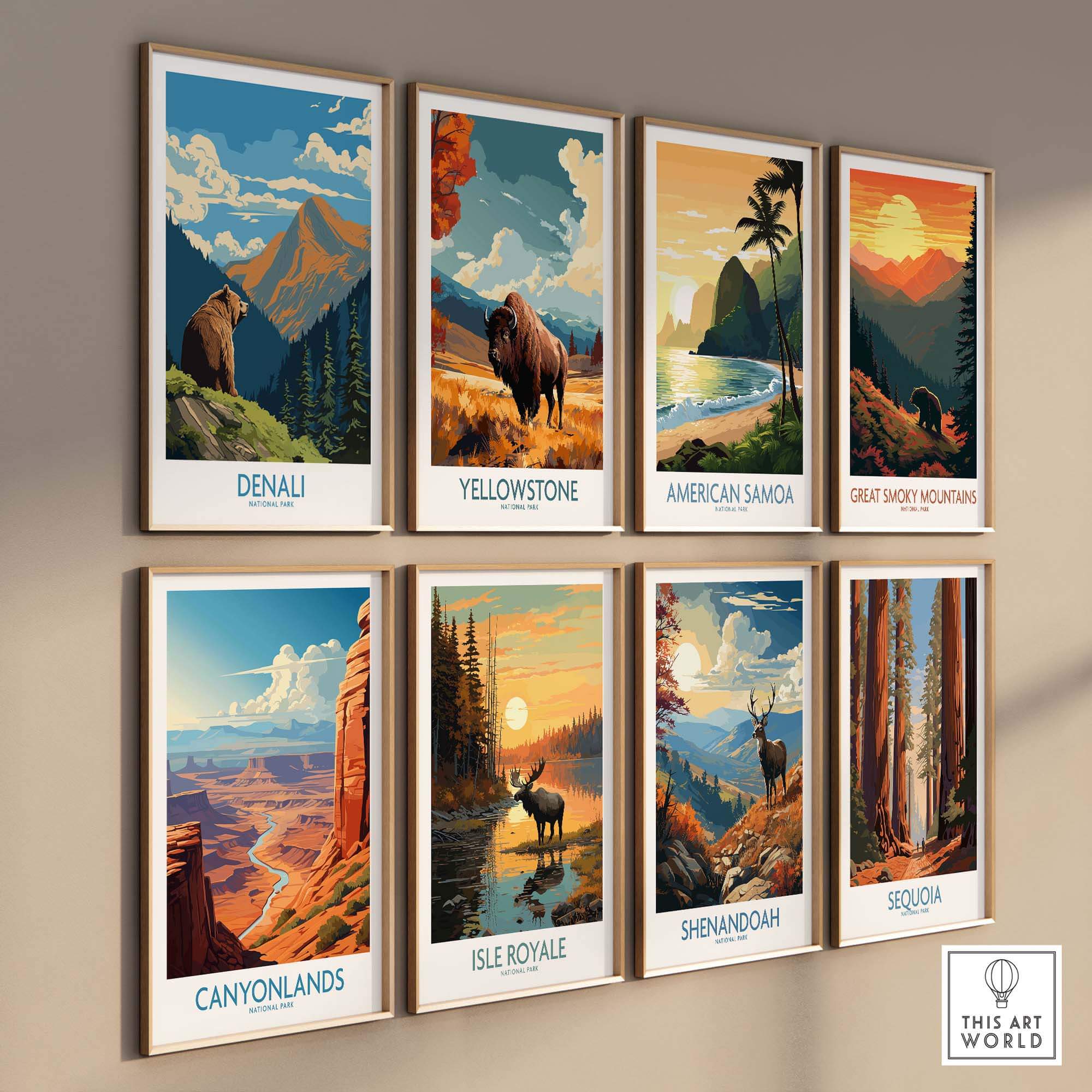 Framed national park travel posters featuring Denali, Yellowstone, and other scenic landscapes.