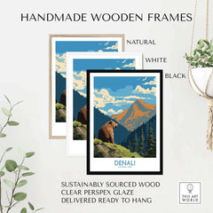 Denali National Park poster with bear and mountain in handmade wooden frames, wall art print