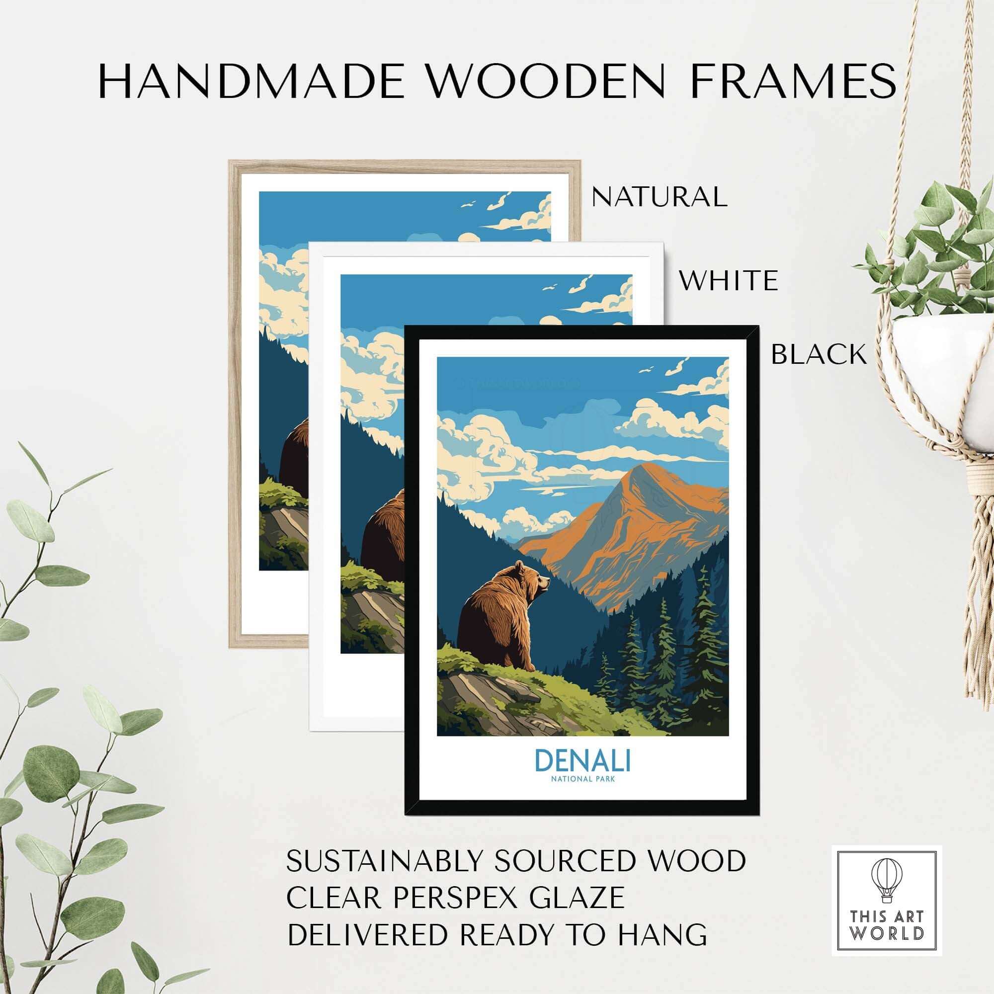 Denali National Park poster with bear and mountain in handmade wooden frames, wall art print