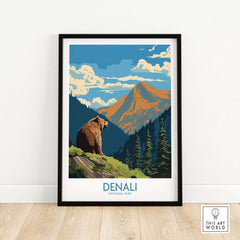 Denali National Park poster with a bear, forest, and mountain landscape wall art