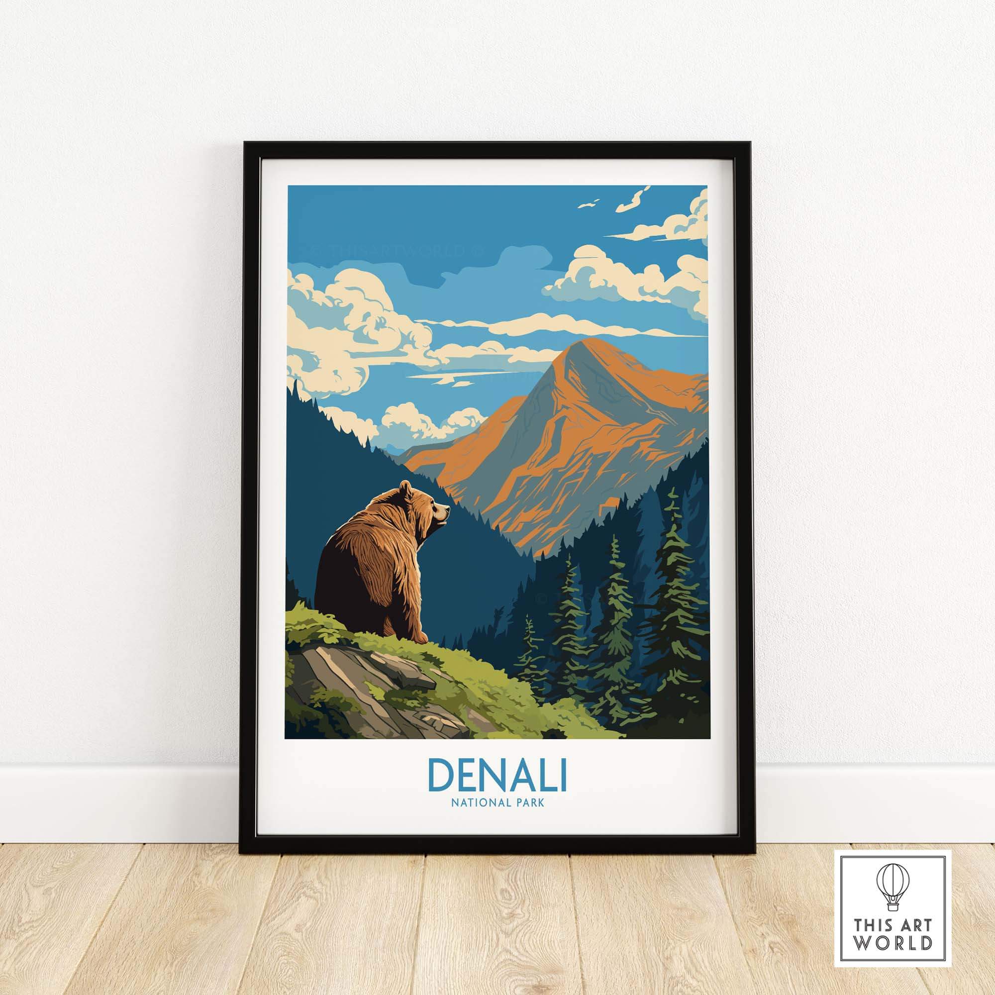 Denali National Park poster with a bear, forest, and mountain landscape wall art