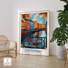 Denmark Copenhagen Fall Poster - Red Bicycle, Colorful Canal Houses Art on display in a cozy interior setting.