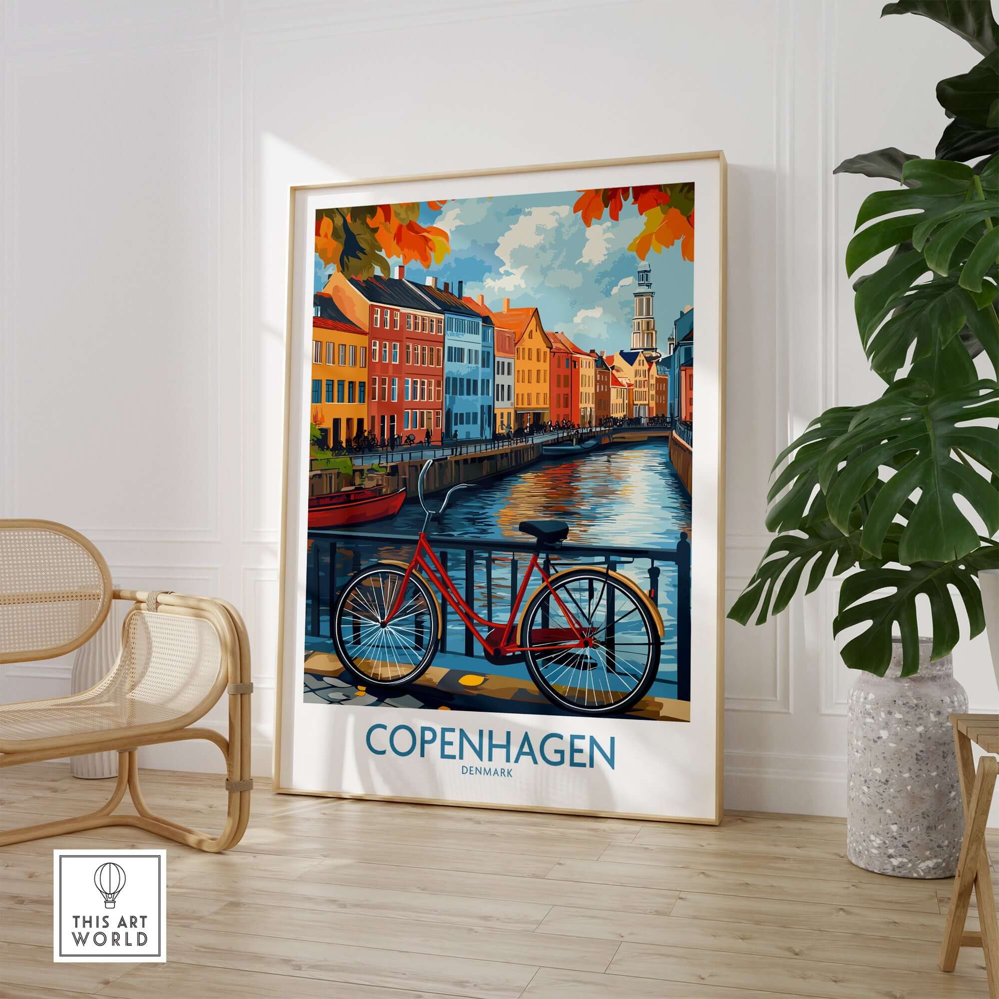 Denmark Copenhagen Fall Poster - Red Bicycle, Colorful Canal Houses Art on display in a cozy interior setting.