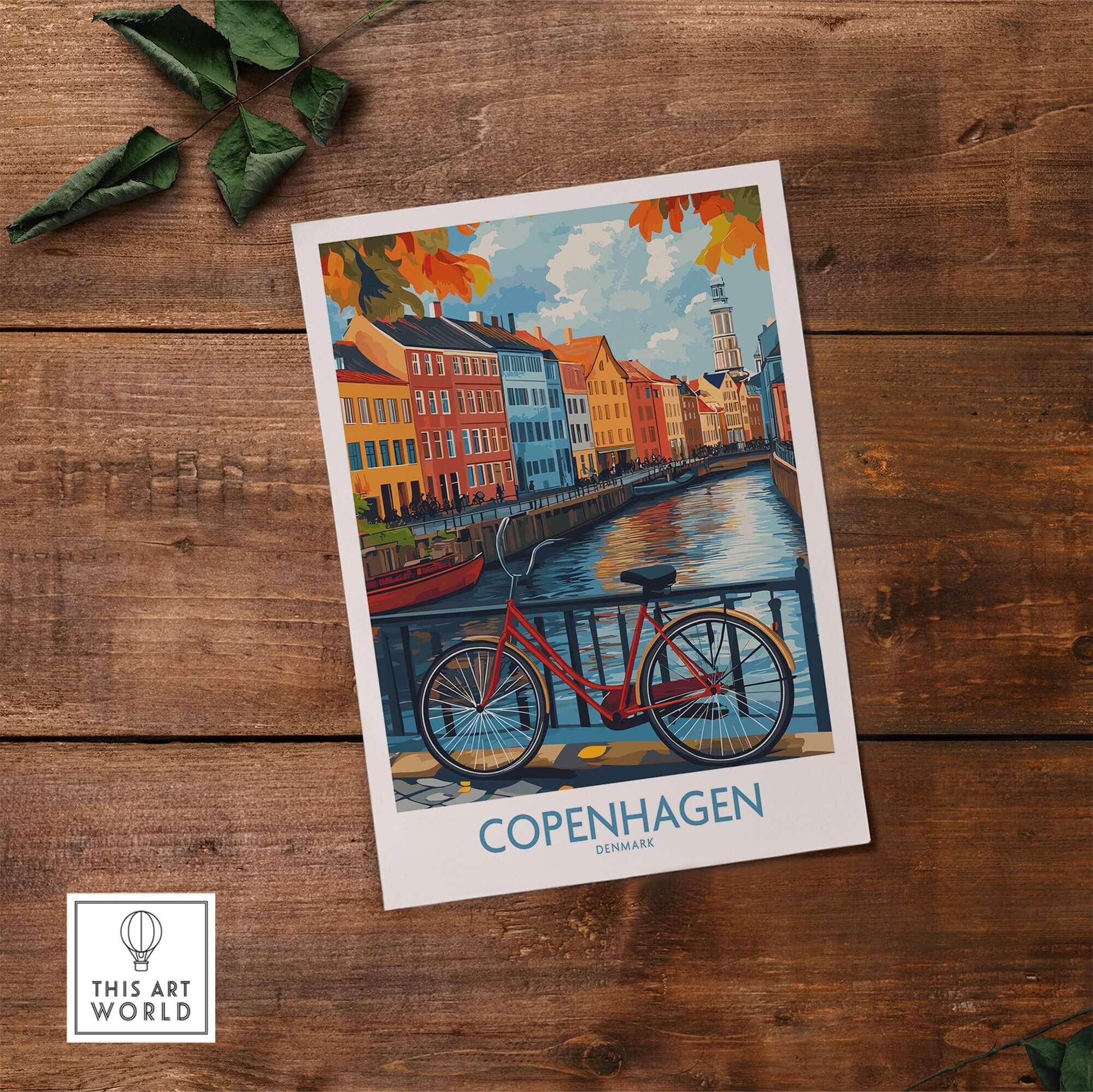 Denmark Copenhagen Fall Poster - Red Bicycle, Colorful Canal Houses Art showing vibrant canal scenery with a red bicycle.