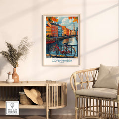 Denmark Copenhagen Fall Poster - Red Bicycle, Colorful Canal Houses Art displayed in a stylish interior setting.