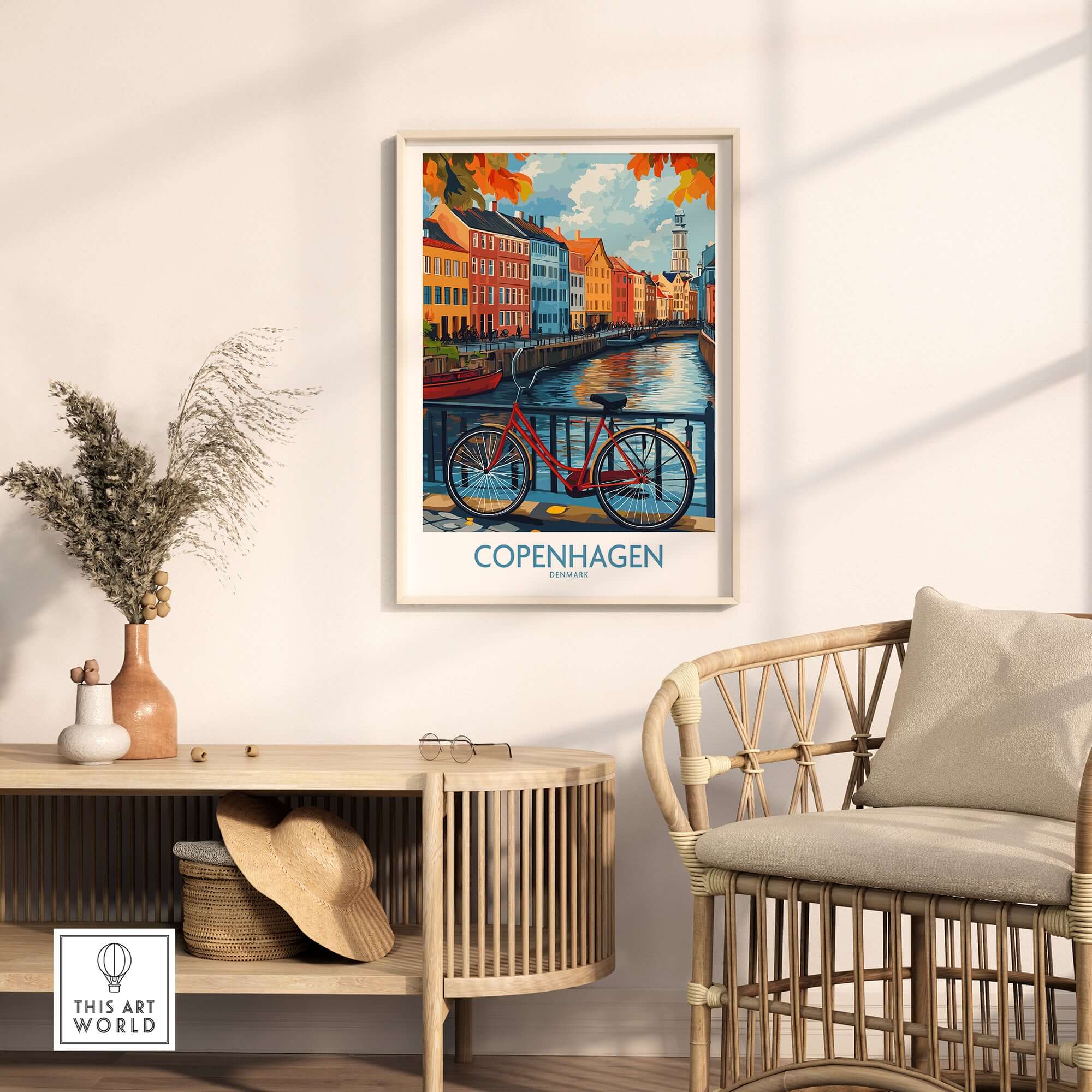 Denmark Copenhagen Fall Poster - Red Bicycle, Colorful Canal Houses Art displayed in a stylish interior setting.