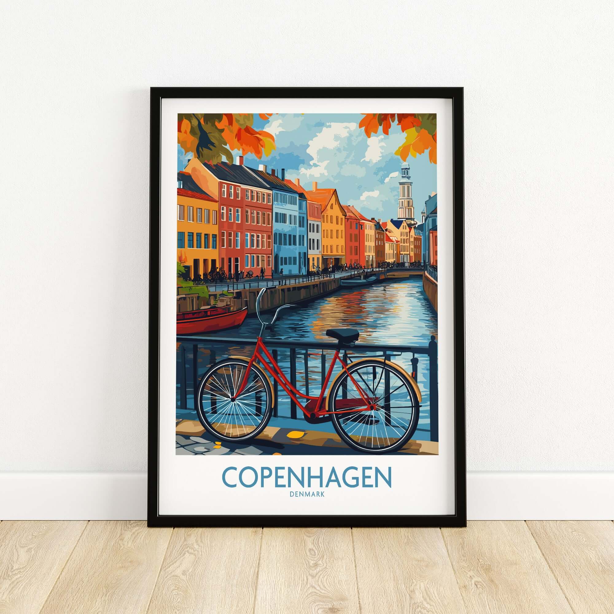 Denmark Copenhagen Fall Poster - Red Bicycle, Colorful Canal Houses Art