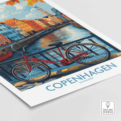 Denmark Copenhagen Fall Poster - Red Bicycle, Colorful Canal Houses Art
