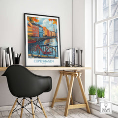 Denmark Copenhagen Fall Poster - Red Bicycle, Colorful Canal Houses Art displayed in a modern workspace.