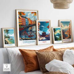 Denmark Copenhagen Fall Poster - Red Bicycle, Colorful Canal Houses Art displayed on a wall with various travel posters.