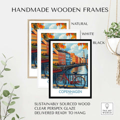 Denmark Copenhagen Fall Poster - Red Bicycle, Colorful Canal Houses Art showcased in handmade wooden frames.