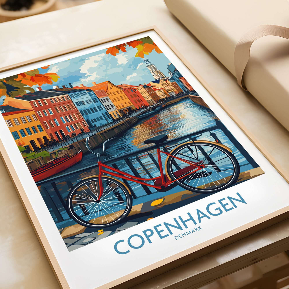 Denmark Copenhagen Fall Poster - Red Bicycle, Colorful Canal Houses Art featuring a red bicycle by the canal.