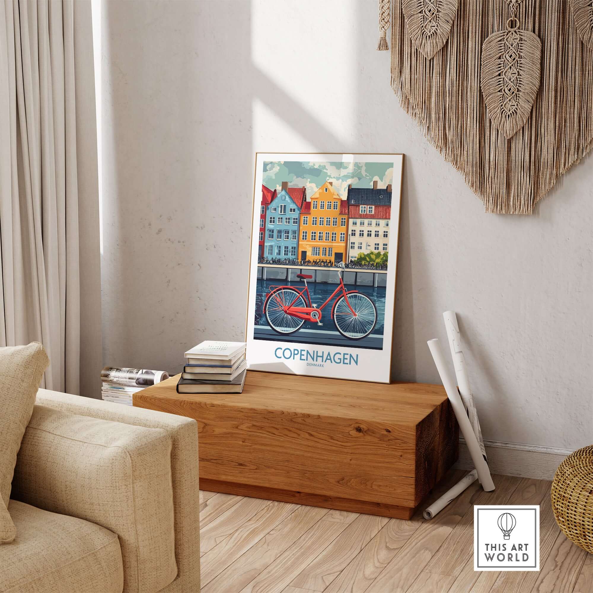 Denmark Copenhagen Poster - Red Bike, Colorful Canal Houses Art displayed in a cozy living space with wood decor.