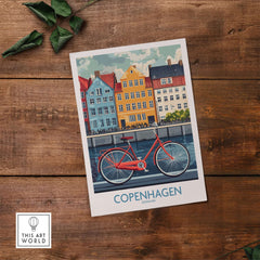 Denmark Copenhagen Poster - Red Bike, Colorful Canal Houses Art featuring a red bicycle and vibrant canal houses.