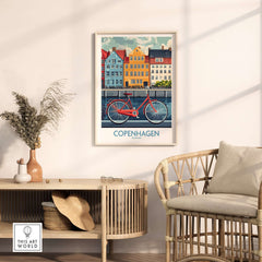 Denmark Copenhagen Poster - Red Bike, Colorful Canal Houses Art displayed in a stylish interior setting with modern decor.