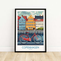 Denmark Copenhagen Poster - Red Bike, Colorful Canal Houses Art featuring a vibrant red bicycle and colorful houses.