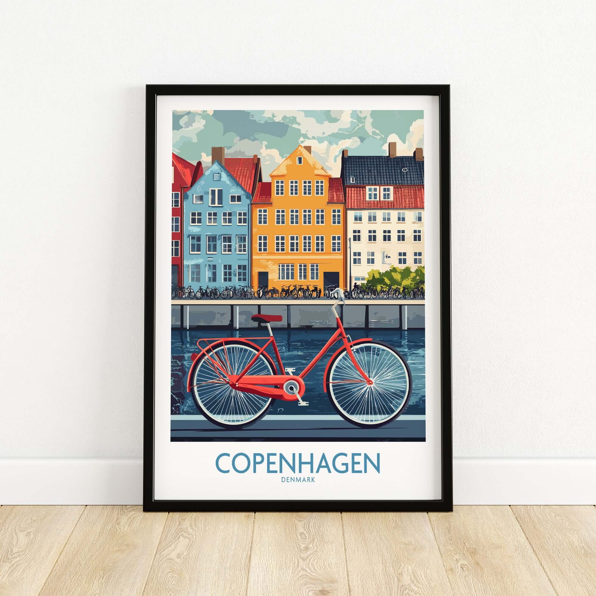 Denmark Copenhagen Poster - Red Bike, Colorful Canal Houses Art featuring a vibrant red bicycle and colorful houses.