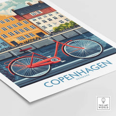 Denmark Copenhagen Poster - Red Bike, Colorful Canal Houses Art featuring a vibrant red bicycle and colorful houses.