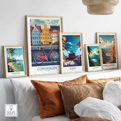 Denmark Copenhagen Poster - Red Bike, Colorful Canal Houses Art displayed in a stylish living room setting.