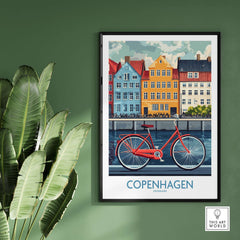 Denmark Copenhagen Poster - Red Bike, Colorful Canal Houses Art featuring vibrant buildings and bicycle by the canal.