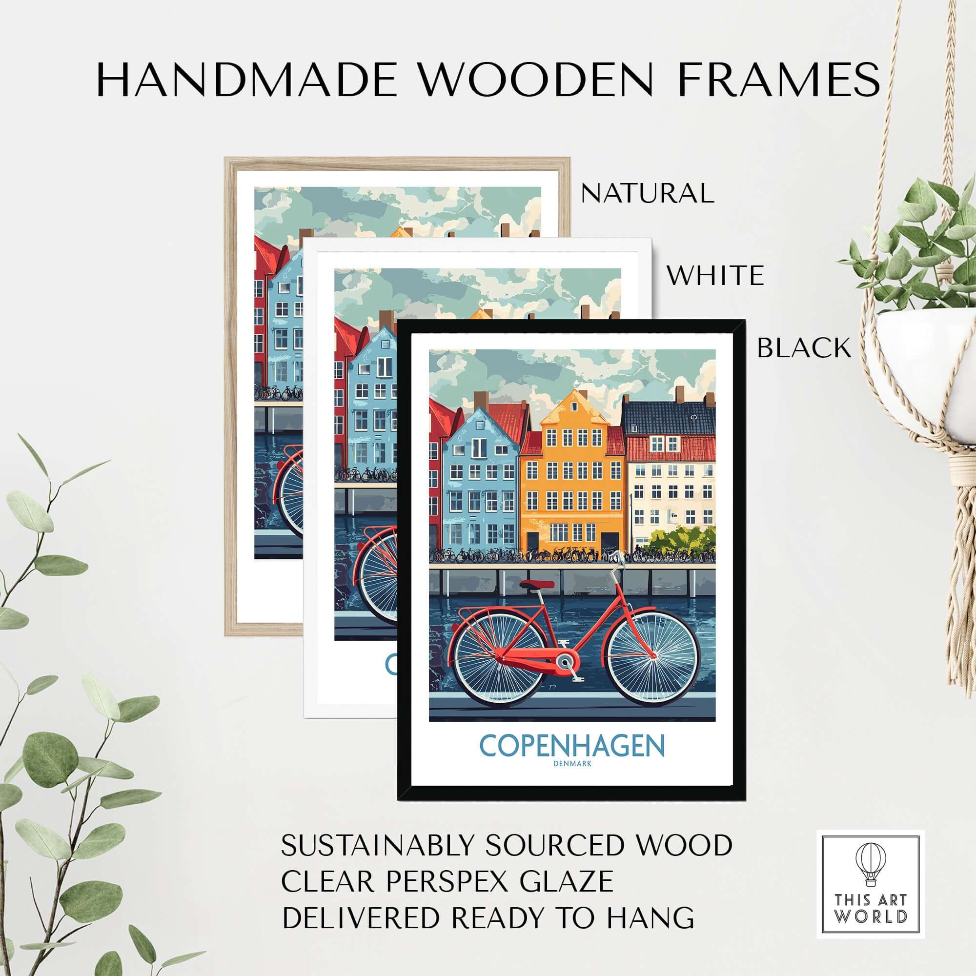 Denmark Copenhagen Poster - Red Bike, Colorful Canal Houses Art framed in handmade wooden frames, natural, white, and black.