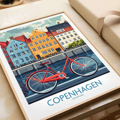 Denmark Copenhagen Poster - Red Bike, Colorful Canal Houses Art featuring vibrant bike and colorful homes.