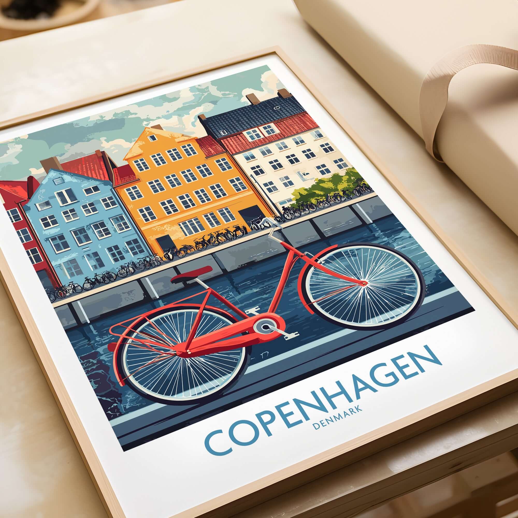Denmark Copenhagen Poster - Red Bike, Colorful Canal Houses Art featuring vibrant bike and colorful homes.