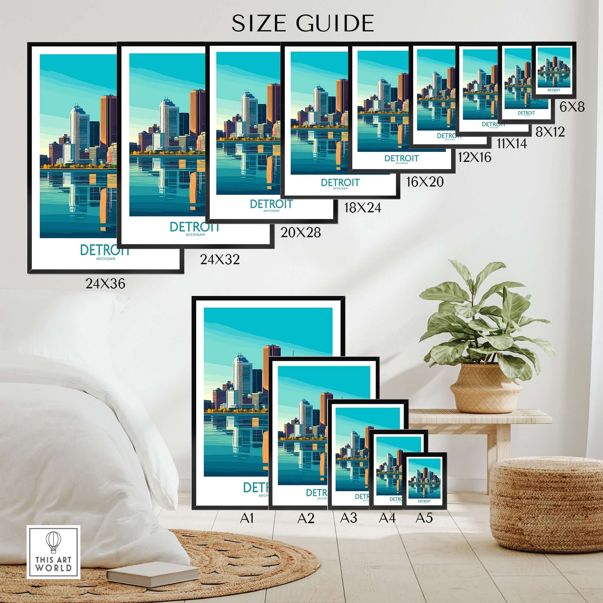 Detroit Art Print size guide showcasing various frame sizes with a vibrant skyline and reflections.